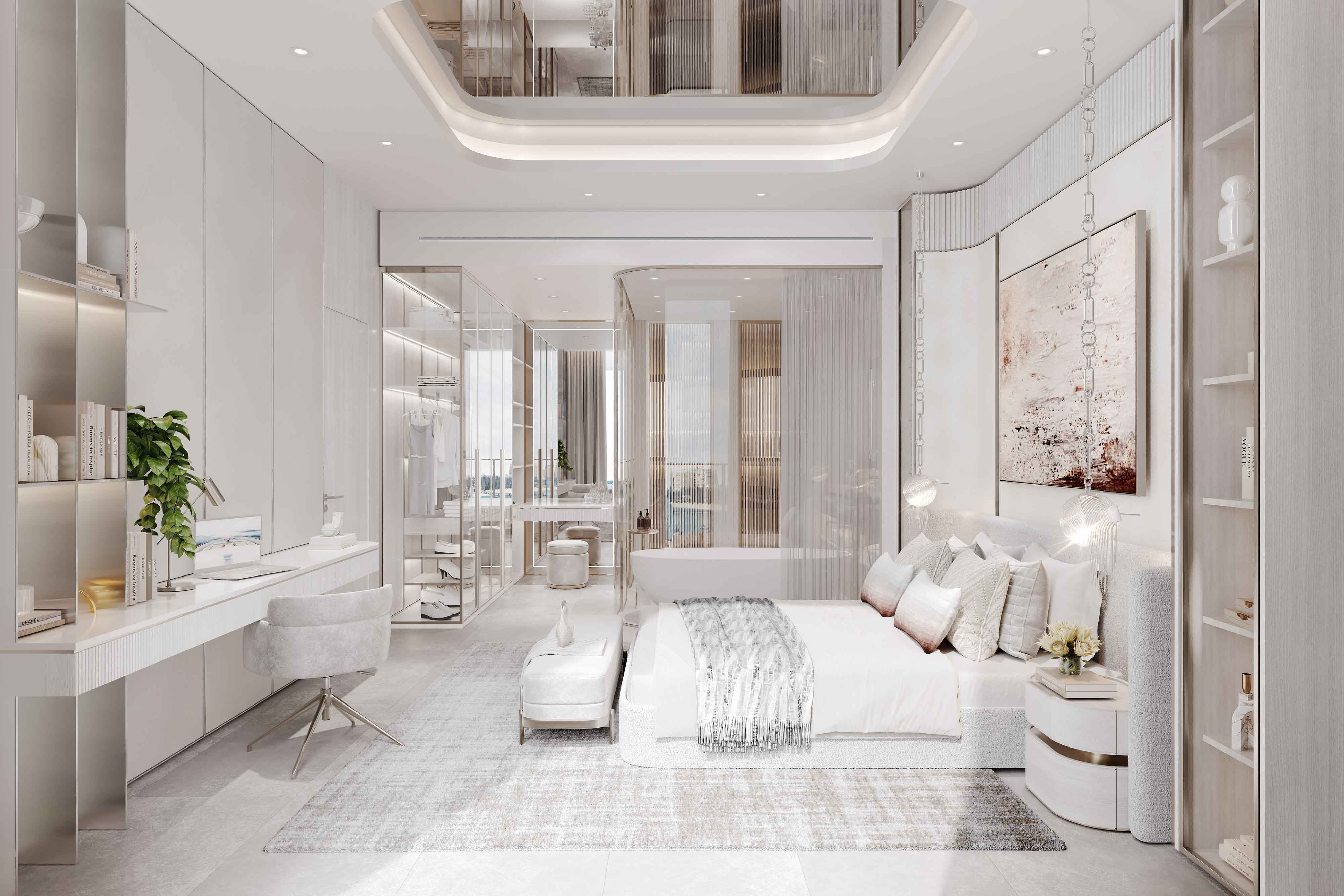 Cotier House 2 By Imtiaz A modern, elegant bedroom with white decor, a cozy bed, stylish furnishings, and large windows.